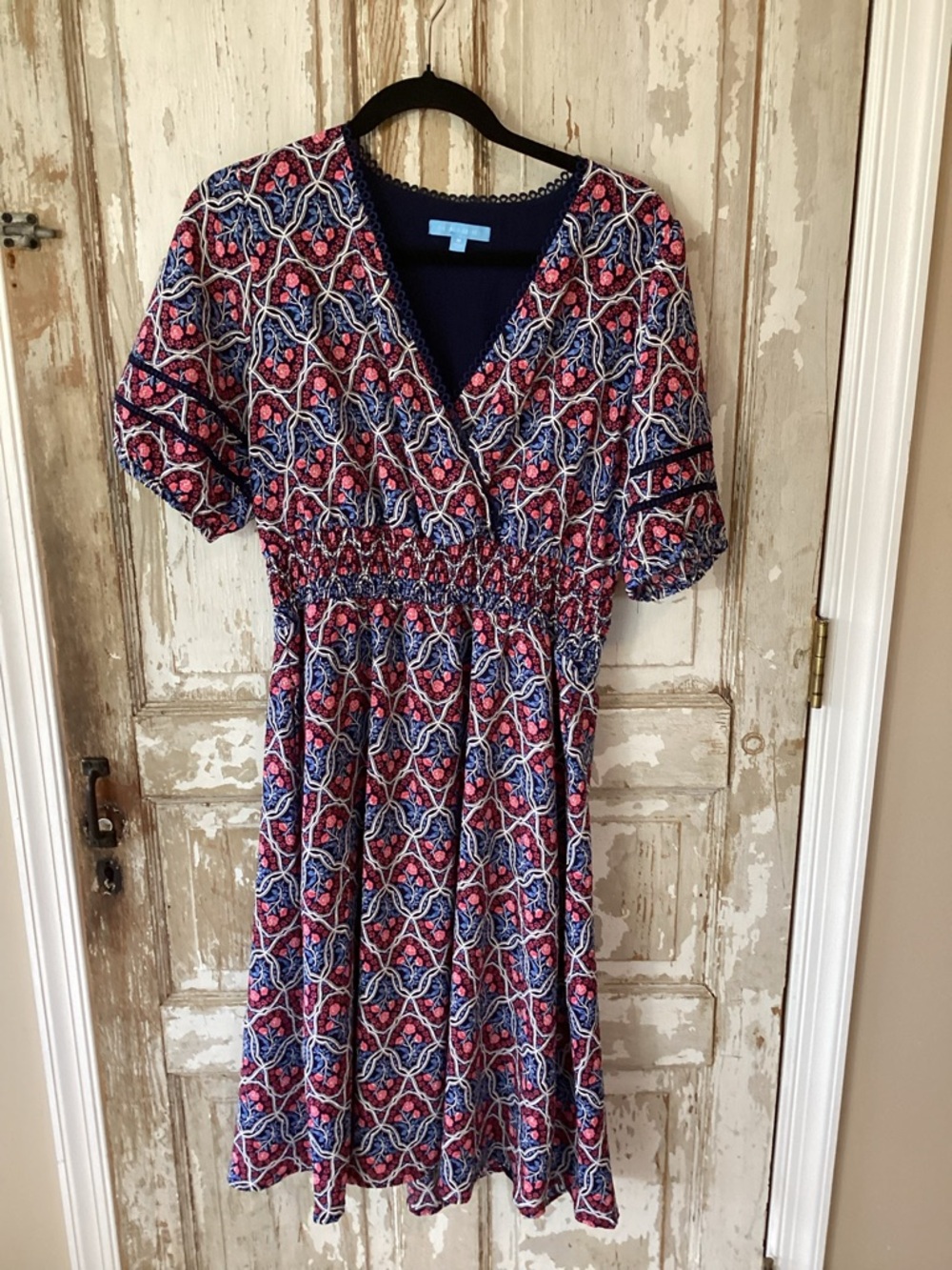 Draper James Navy and Pink Floral Midi Dress - M